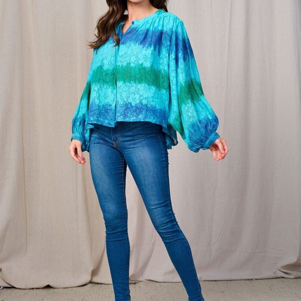 Women's Blouse Tie Dye Floral Lace 3/4 Sleeve Button Front Blue New